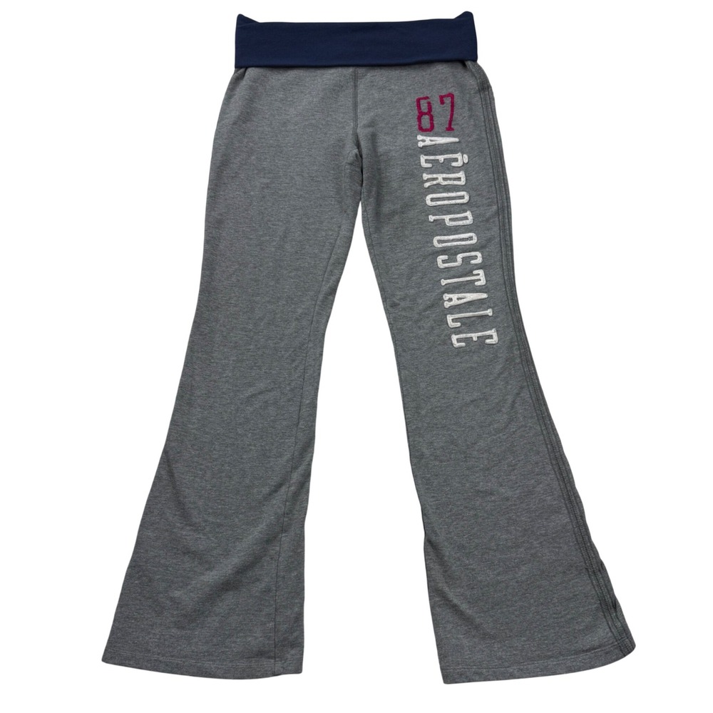 VTG Y2K Aeropostale Gray Navy Fold Over Waist Ultra Low Rise Flare Yoga Pants XS
